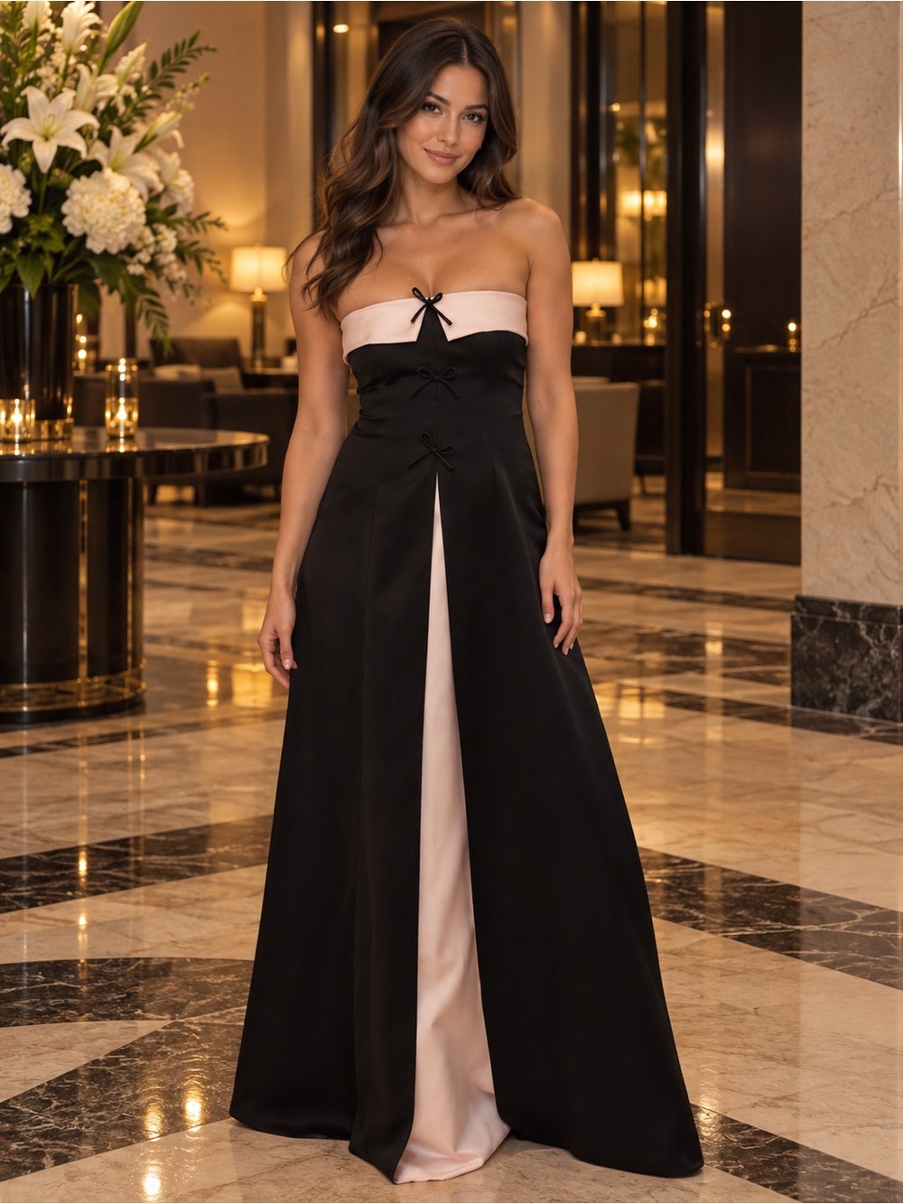 Zum Zum by Niki Livas Black and Blush Strapless Maxi Gown